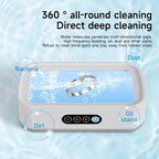 JewelyClin Ultrasonic Jewellery Cleaner device with a ring on a blue background, highlighting cleaning capabilities.
