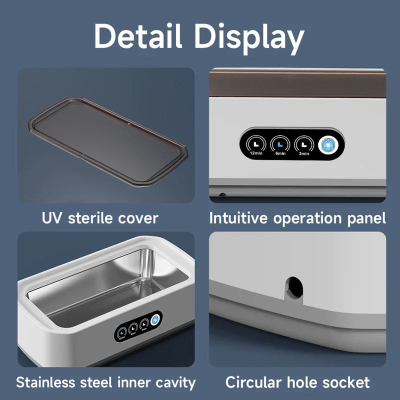 Collage of a UV sterilizer with labeled features on a blue background