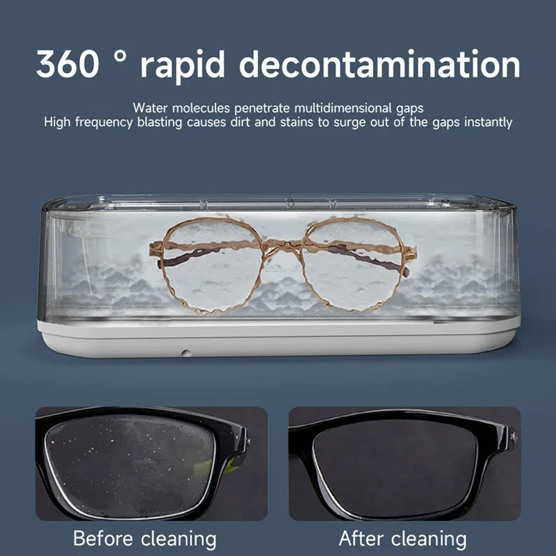 Glasses JewelyClin Ultrasonic Jewellery Cleaner with before and after cleaning images on a blue background