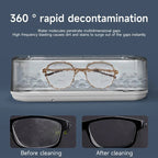 Glasses JewelyClin Ultrasonic Jewellery Cleaner with before and after cleaning images on a blue background
