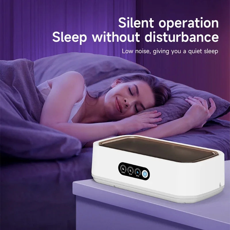 Woman sleeping peacefully with a white JewelyClin Ultrasonic Jewellery Cleaner on a purple background