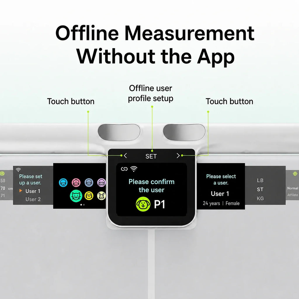 A KEEPVA FitScan 8-Electrode Body Composition Scale feature diagram showing an offline measurement app interface on a device, with text reading 'Offline Measurement Without the App' and callouts pointing to touch buttons and user profile setup.