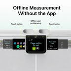 A KEEPVA FitScan 8-Electrode Body Composition Scale feature diagram showing an offline measurement app interface on a device, with text reading 'Offline Measurement Without the App' and callouts pointing to touch buttons and user profile setup.