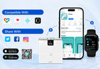 A digital promotional graphic for the Keepa KEEPVA FitScan 8-Electrode Body Composition Scale. The white rectangular scale with a small black display is centered, flanked by a smartphone showing the Keepa app interface and a black smartwatch displaying fitness metrics.
