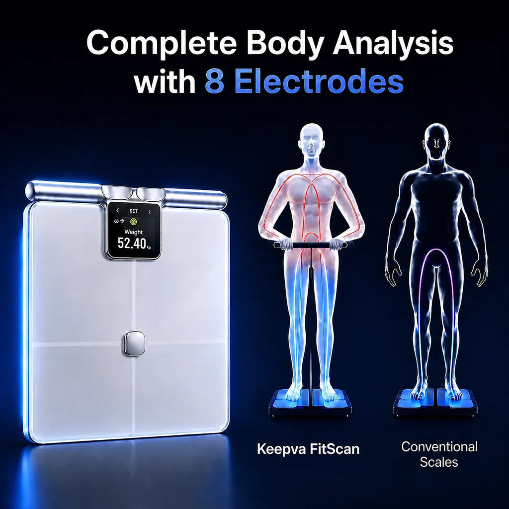 A KEEPVA FitScan 8-Electrode Body Composition Scale shown on a dark blue background with promotional text reading 'Complete Body Analysis with 8 Electrodes.' The scale is white with blue LED lighting and a small display showing weight.