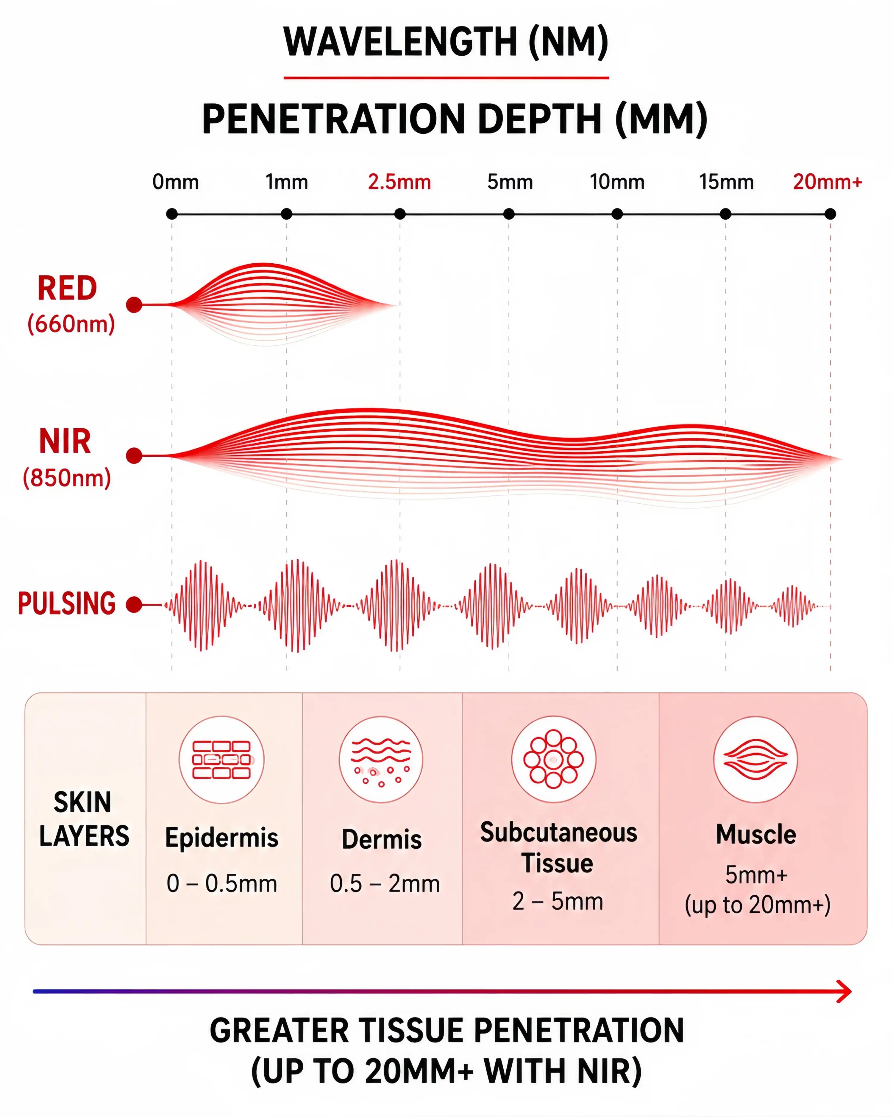 KEEPVA LumaPro 400 red and near-infrared light wavelength depth chart