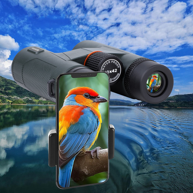 Kaisio Terra X5 ED 10x42 Binoculars connected to a smartphone