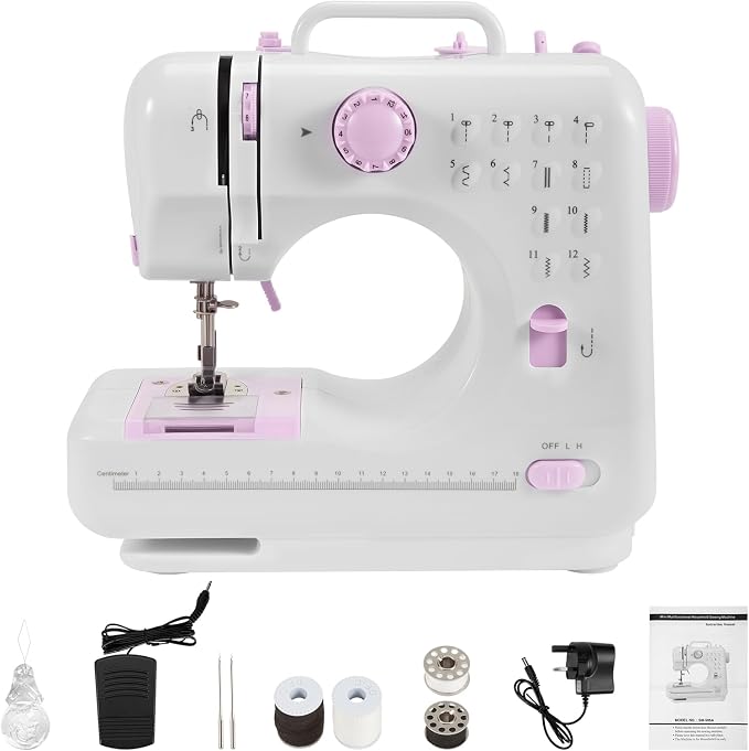 A Kalvori Sewing Machine and pink electric sewing machine shown on a plain white background, with accessories and an instruction booklet arranged below it.