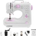 A Kalvori Sewing Machine and pink electric sewing machine shown on a plain white background, with accessories and an instruction booklet arranged below it.