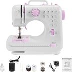 A Kalvori Sewing Machine and pink electric sewing machine shown on a plain white background, with accessories and an instruction booklet arranged below it.