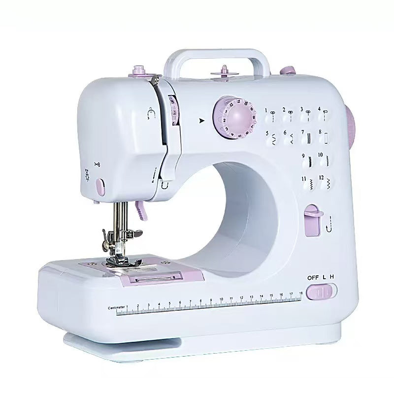 A compact white and light purple Kalvori Sewing Machine with a built-in carrying handle, shown on a plain white background.