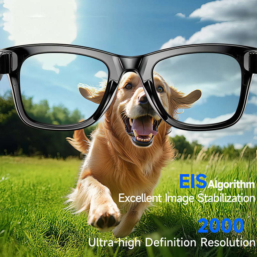 Dog running on grass with Krevont AI Smart Glasses, featuring EIS algorithm text