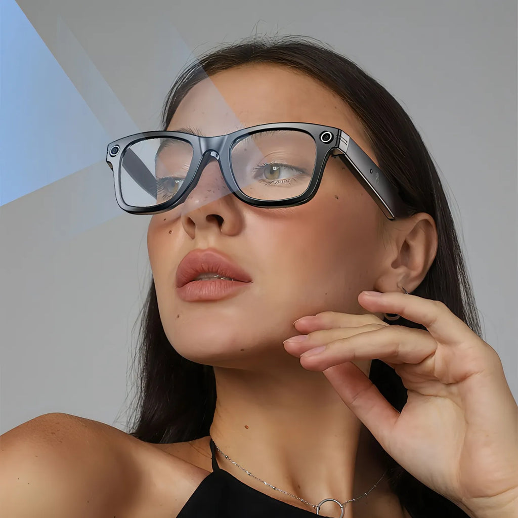 Woman wearing futuristic Krevont AI Smart Glasses with a plain background