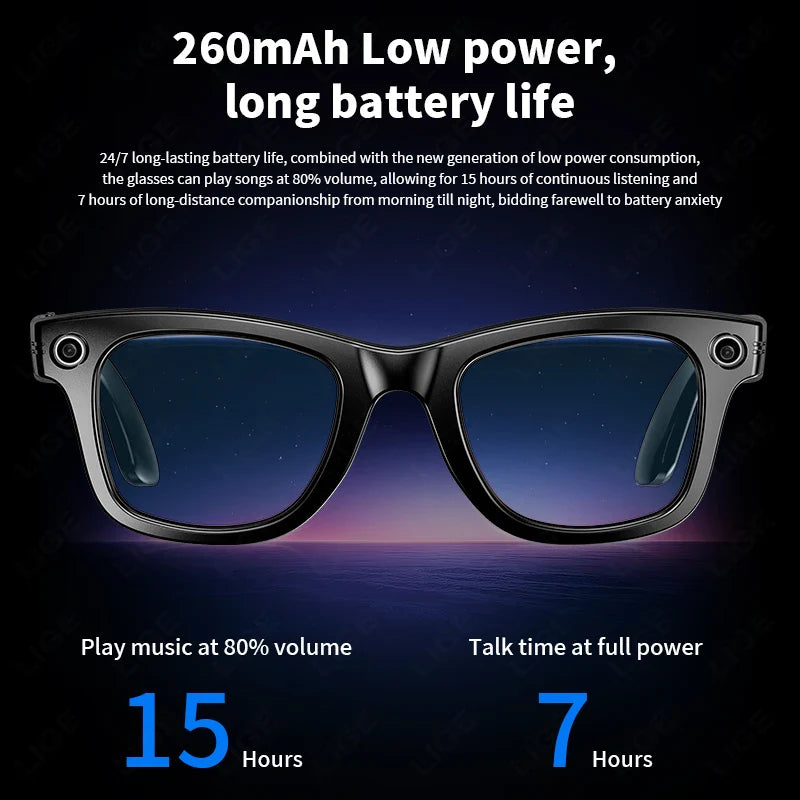 Krevont AI Smart Glasses with battery life information on a dark background