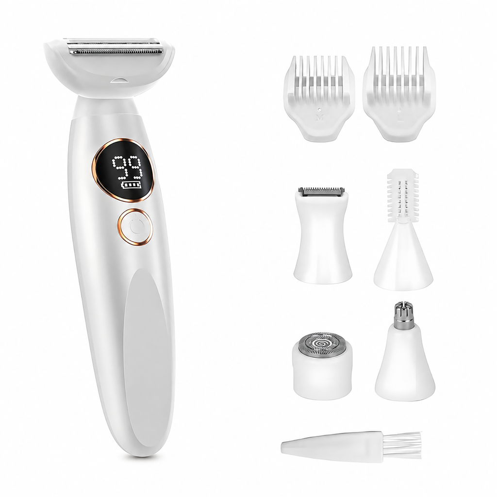 A white Krevont Bikini Trimmer and body shaver with a digital display and rose gold button, shown alongside multiple white attachment heads and a cleaning brush on a plain white background.