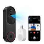 Krevont Doorbell Camera system with camera, speaker, and smartphone app interface on a white background