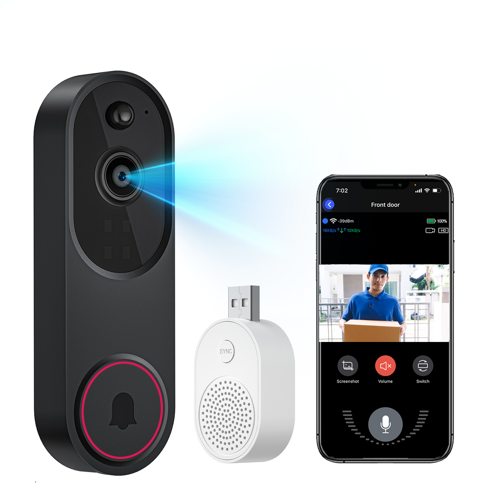 Krevont Doorbell Camera system with camera, speaker, and smartphone app interface on a white background