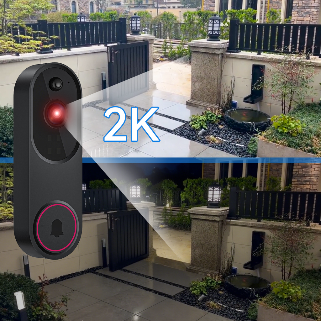 Outdoor Krevont Doorbell Camera with '2K' label on a scenic background