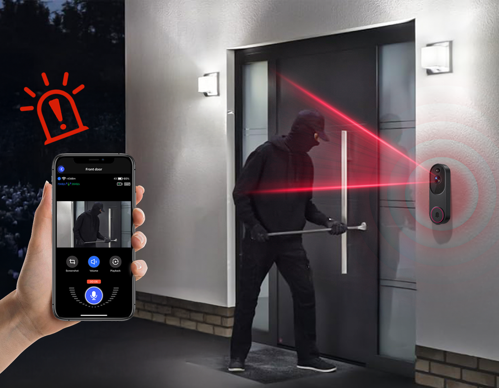 Person using a smartphone app to control a Krevont Doorbell Camera security system with a laser pointer feature.