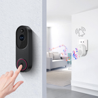 Krevont Doorbell Camera with hand pressing button, interior room in background