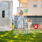 Child running with a dog in a grassy area, with a Krevont Doorbell Camera and green check mark indicating safety.
