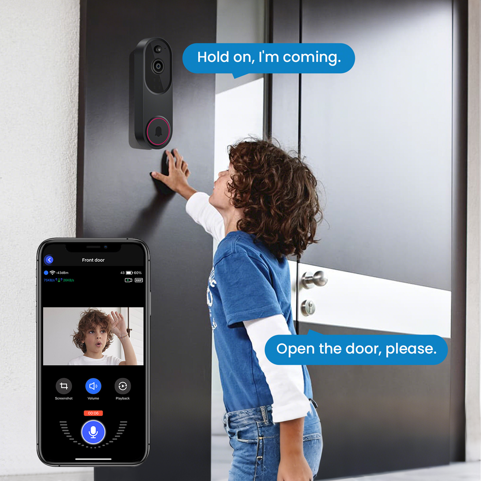 Krevont Doorbell Camera with smartphone app interface and child interacting with it.