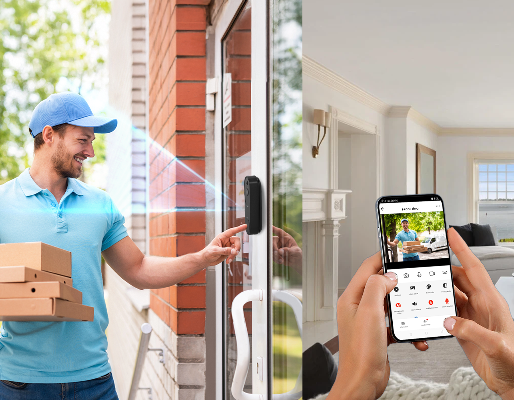 Man delivering pizzas using a Krevont Doorbell Camera on a door, with a phone app interface displayed.