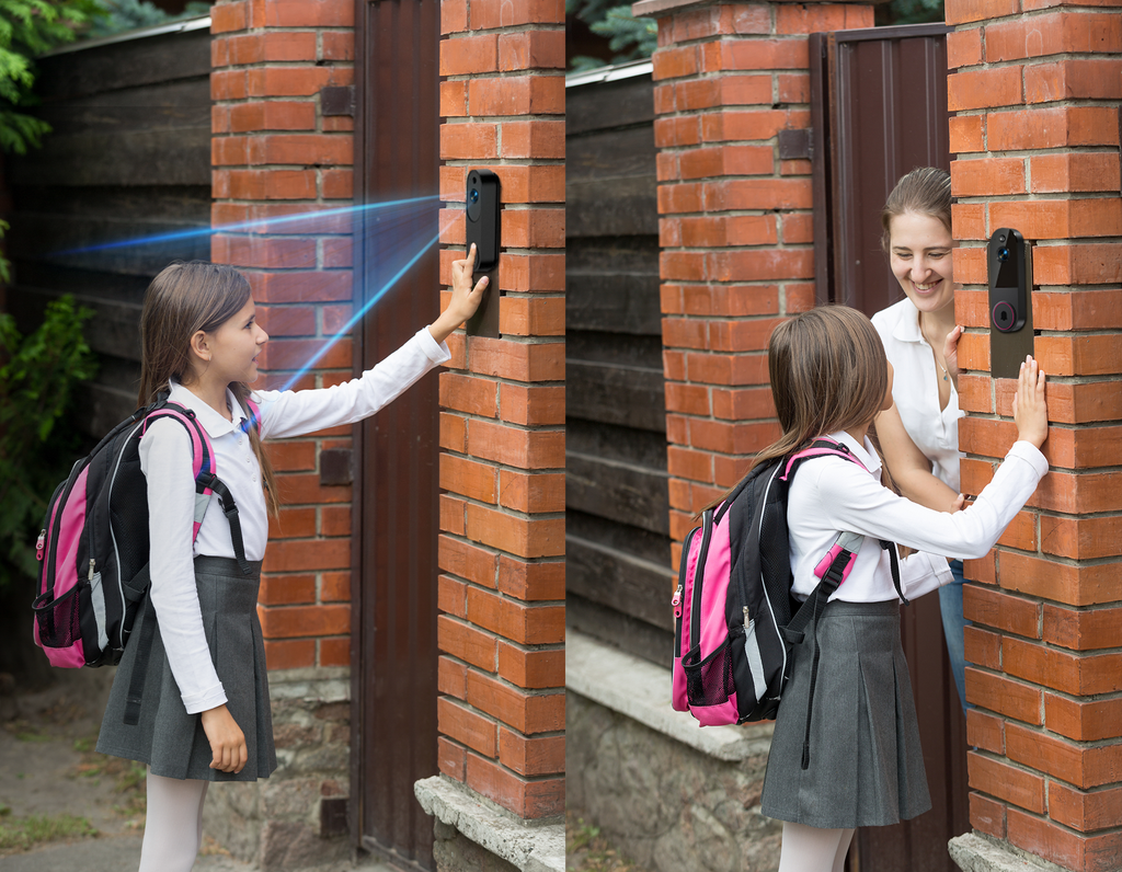 Two schoolgirls with backpacks interacting with a Krevont Doorbell Camera outside a brick building.