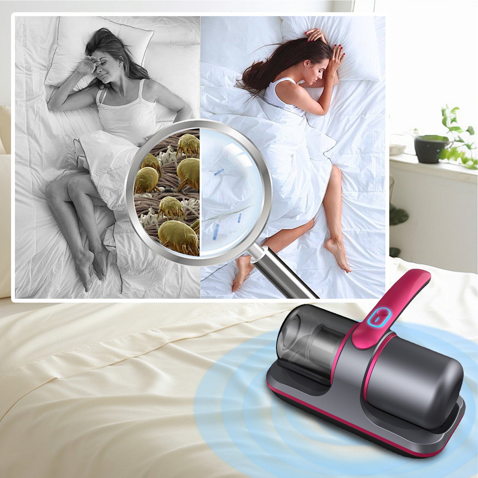 Collage showing a woman sleeping, bed bugs under a magnifying glass, and a Krevont Mattress Vacuum Cleaner on a bed.