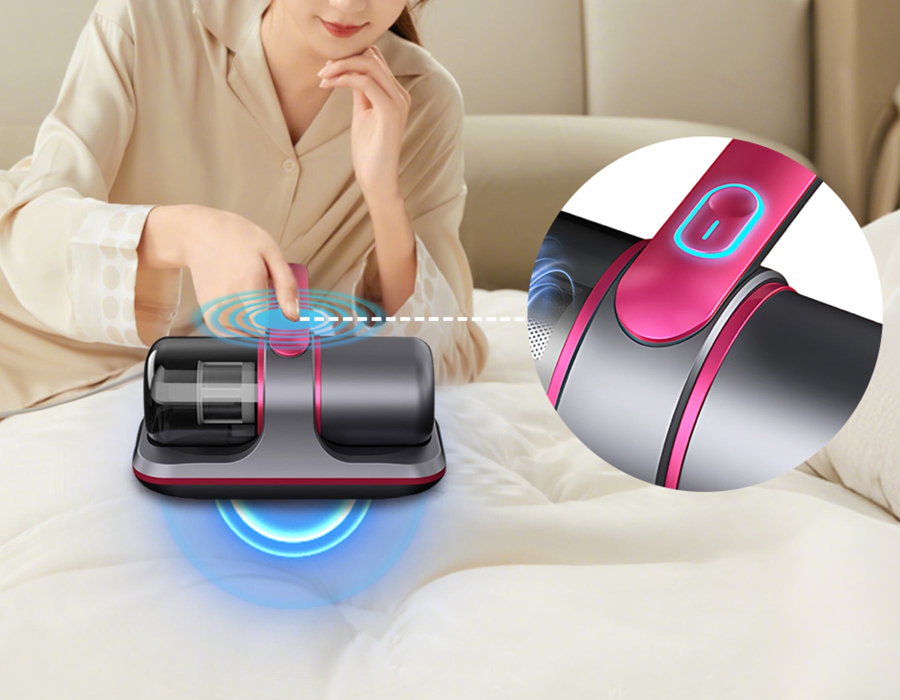 Person using a robotic Krevont Mattress Vacuum Cleaner with close-up details on a light-colored surface.