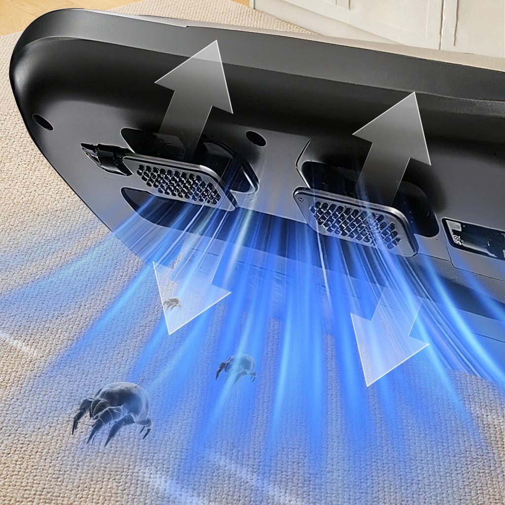 Krevont Mattress Vacuum Cleaner with blue light and smoke effect on a textured surface