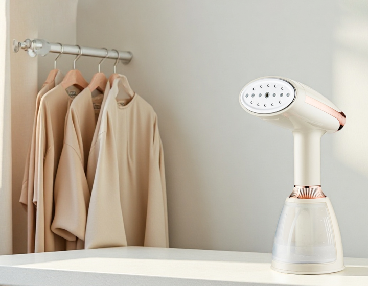 Krevont Steamer on a surface with beige clothing hanging in the background.