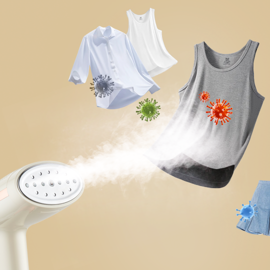 White shirt, gray tank top, and denim shorts with a Krevont Steamer cleaner on a beige background
