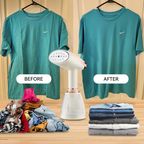 Before and after comparison of a green shirt using a Krevont Steamer ] on a wooden surface.