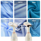 Fabric types (Silk, Denim, Wool, Cotton, Linen, Nylon) displayed with a Krevont Steamer on a white background.