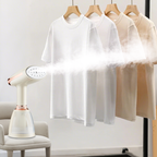 White t-shirt hanging on a rack with a Krevont Steamer next to it.