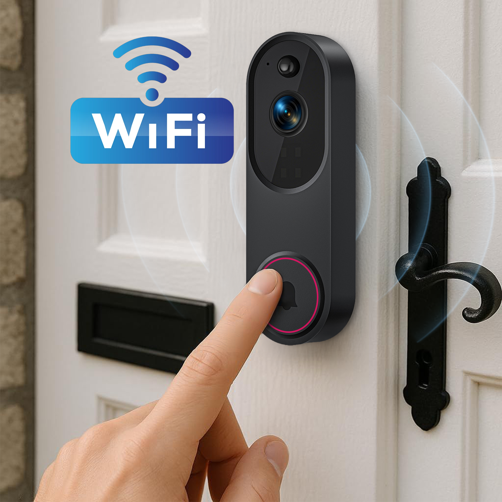 Krevont Doorbell Camera with WiFi icon on a door, hand pressing button