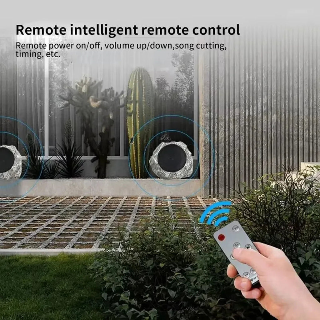 Hand holding a remote control with outdoor setting and text about remote control features.