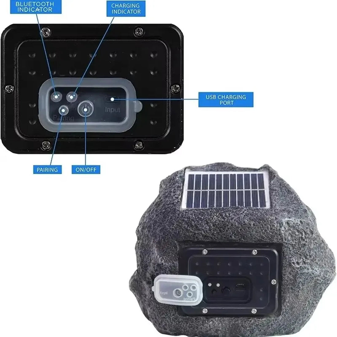Rock-shaped outdoor LarnClis Garden Speaker with Bluetooth, charging, and USB ports labeled.