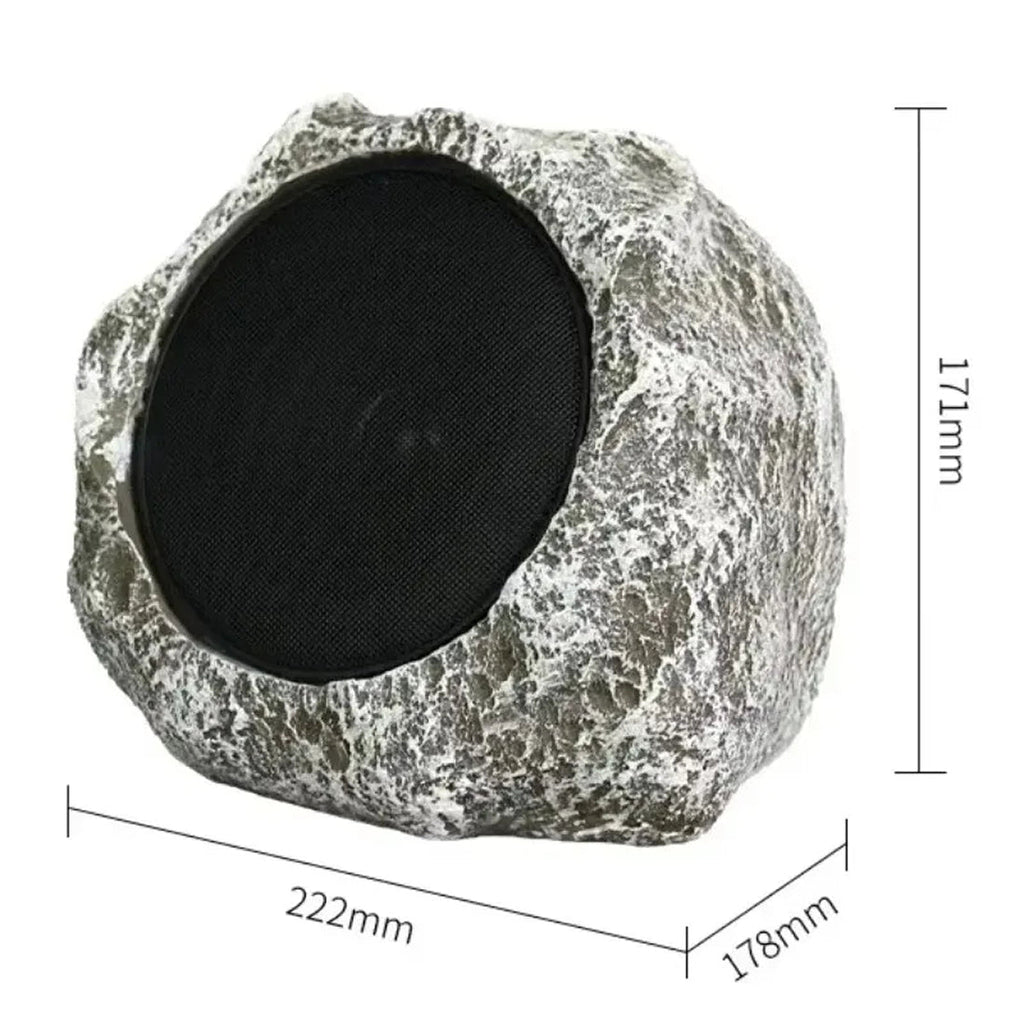 Rock-shaped outdoor LarnClis Garden Speaker with dimensions indicated