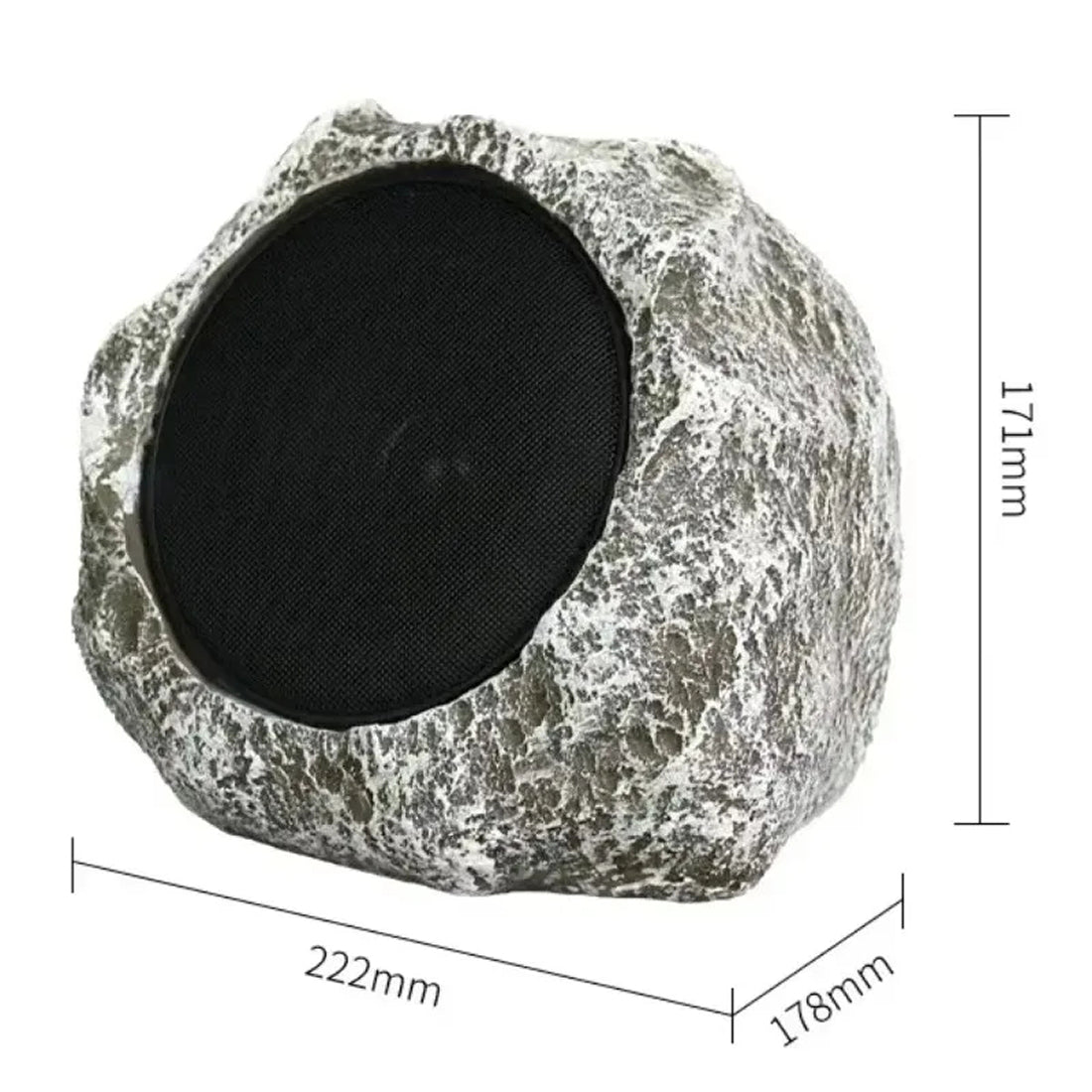 Rock-shaped outdoor LarnClis Garden Speaker with dimensions indicated