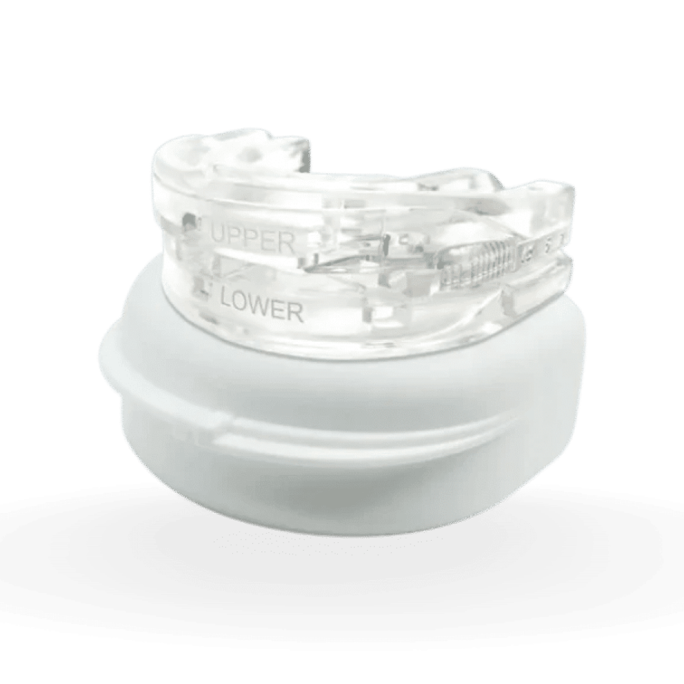 Clear Lullyzee Anti Snore Mouthpiece aligner with 'Upper' and 'Lower' labels on a white background
