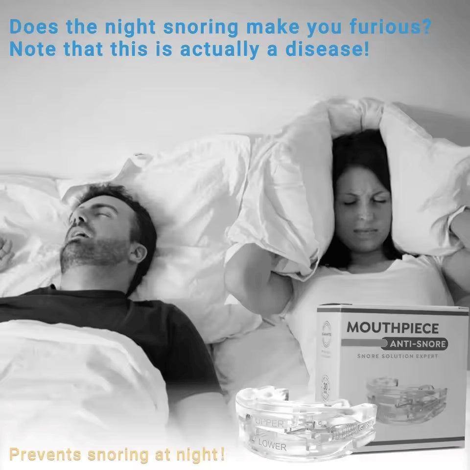 Person using an anti-snore mouthpiece with text about snoring being a disease.