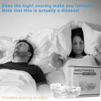 Person using an anti-snore mouthpiece with text about snoring being a disease.