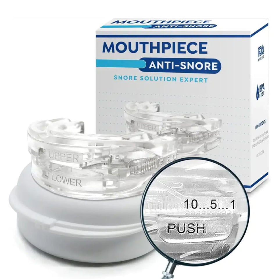 Lullyzee Anti Snore Mouthpiece with packaging labeled 'Mouthpiece Anti-Snore' on a white background.
