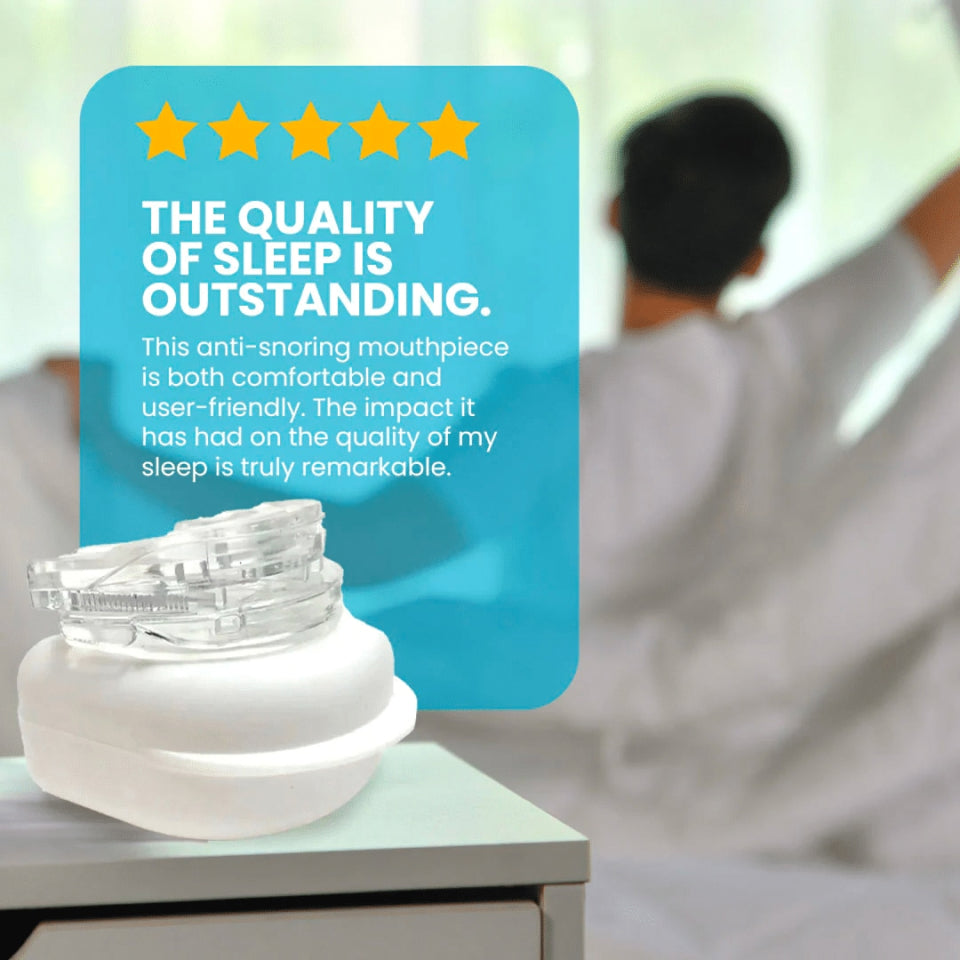 Lullyzee Anti Snore Mouthpiece on a nightstand with a five-star rating text overlay.