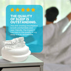 Lullyzee Anti Snore Mouthpiece on a nightstand with a five-star rating text overlay.
