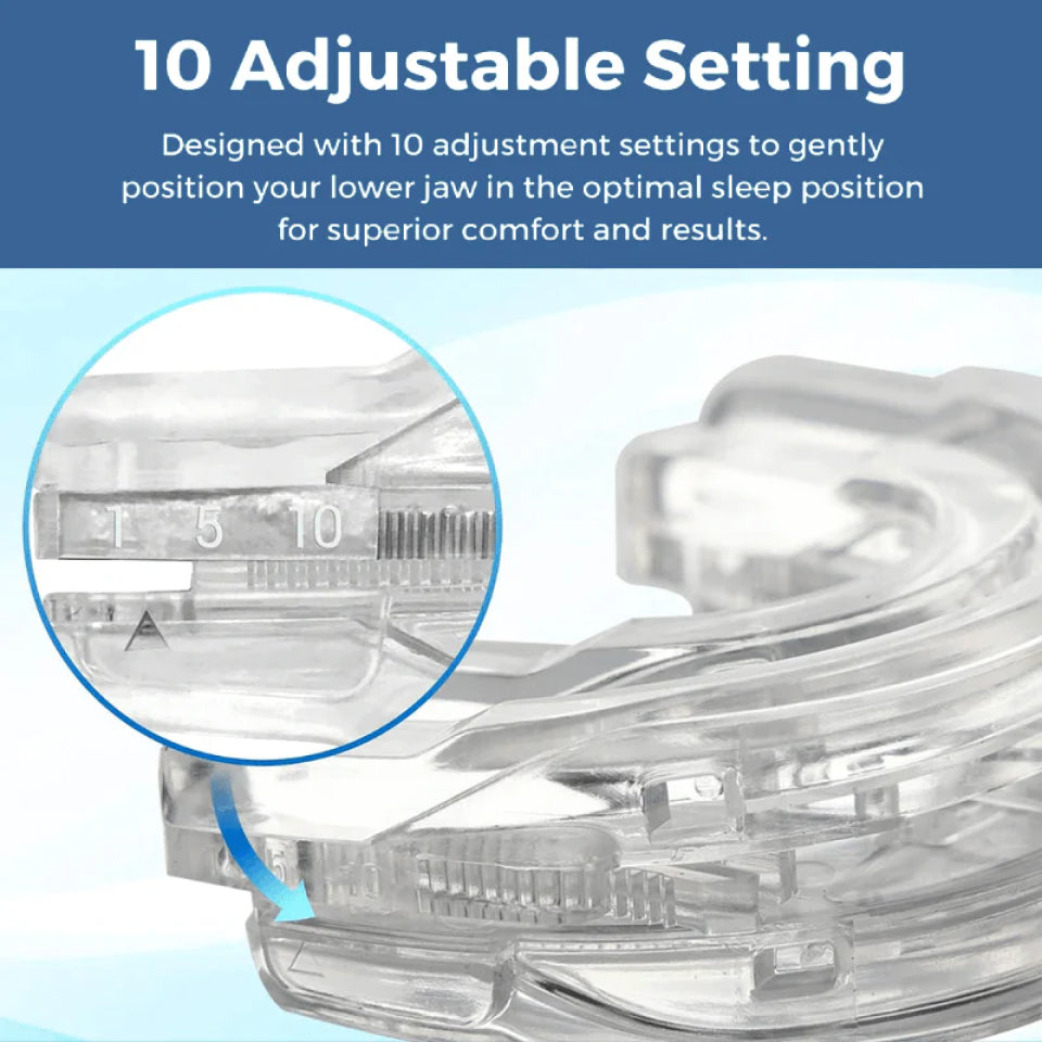 Clear Lullyzee Anti Snore Mouthpiece device with adjustable settings on a blue background