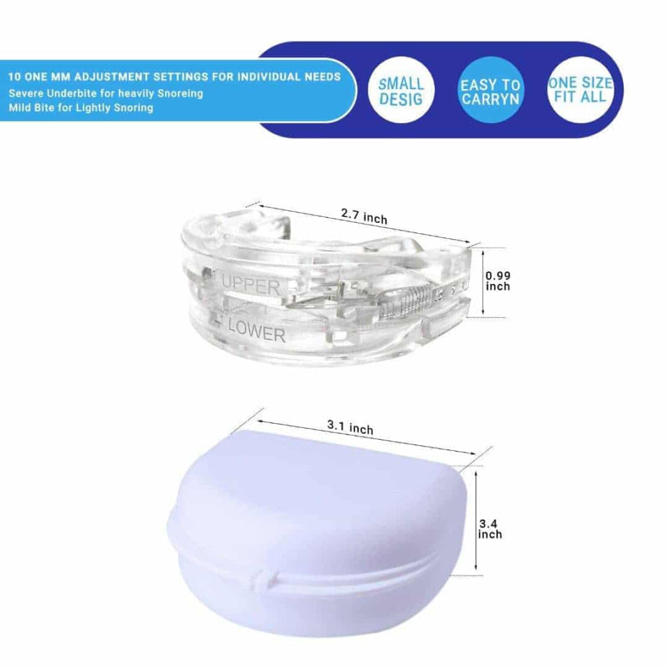 Clear and purple Lullyzee Anti Snore Mouthpiece tool with dimensions and features listed on a white background