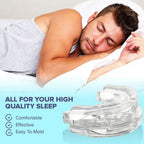 Man sleeping with a clear Lullyzee Anti Snore Mouthpiece on a light blue background